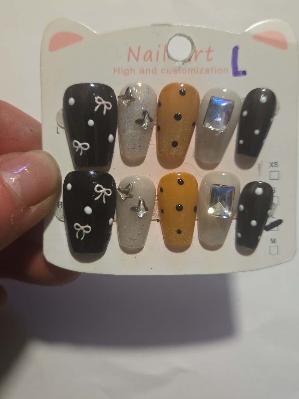 Polka Dot & Bow False Nail Set in Black, Mustard & Cream